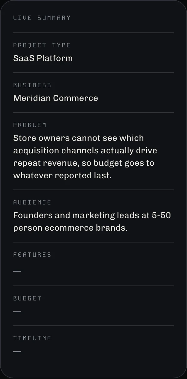 The Build Lab's live summary panel, filled in as the questions are answered: project type SaaS Platform, business Meridian Commerce, the problem in the client's own words, and the audience.