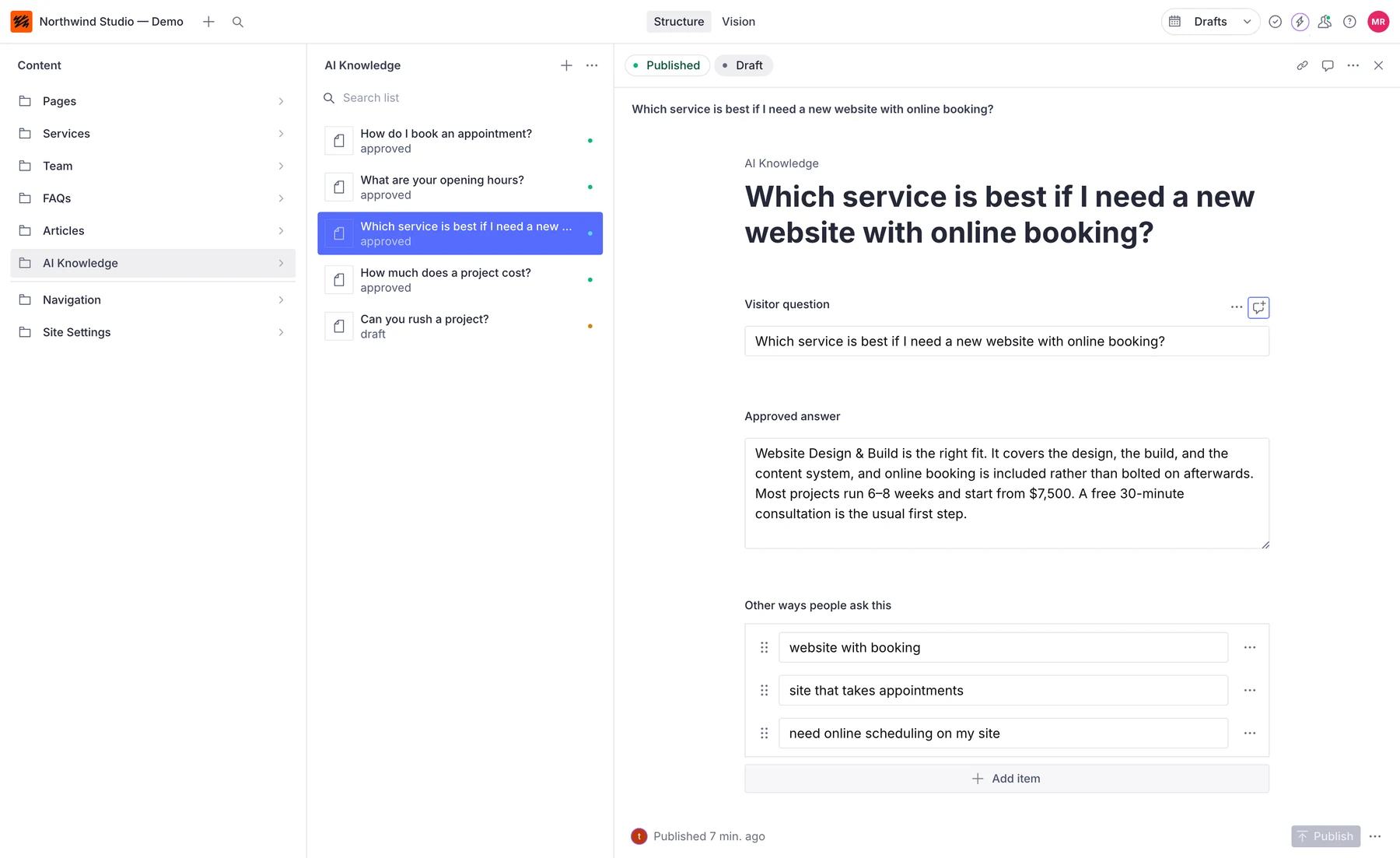 Sanity Studio editing an AI Knowledge entry: the visitor question, the approved answer the business wrote, and a list of other ways people ask the same thing. Entries show as approved or draft.