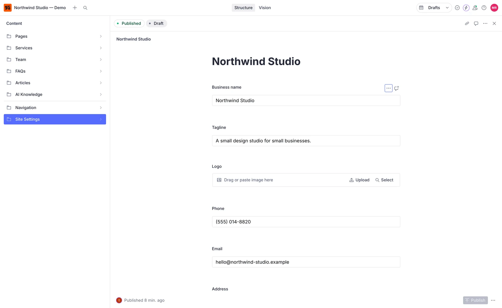 A content studio with a left sidebar listing pages, services, team, FAQs, articles, AI knowledge, navigation and site settings, and a site-settings form holding business name, tagline, logo upload, phone, email and address, with published and draft tabs above and a publish action below.
