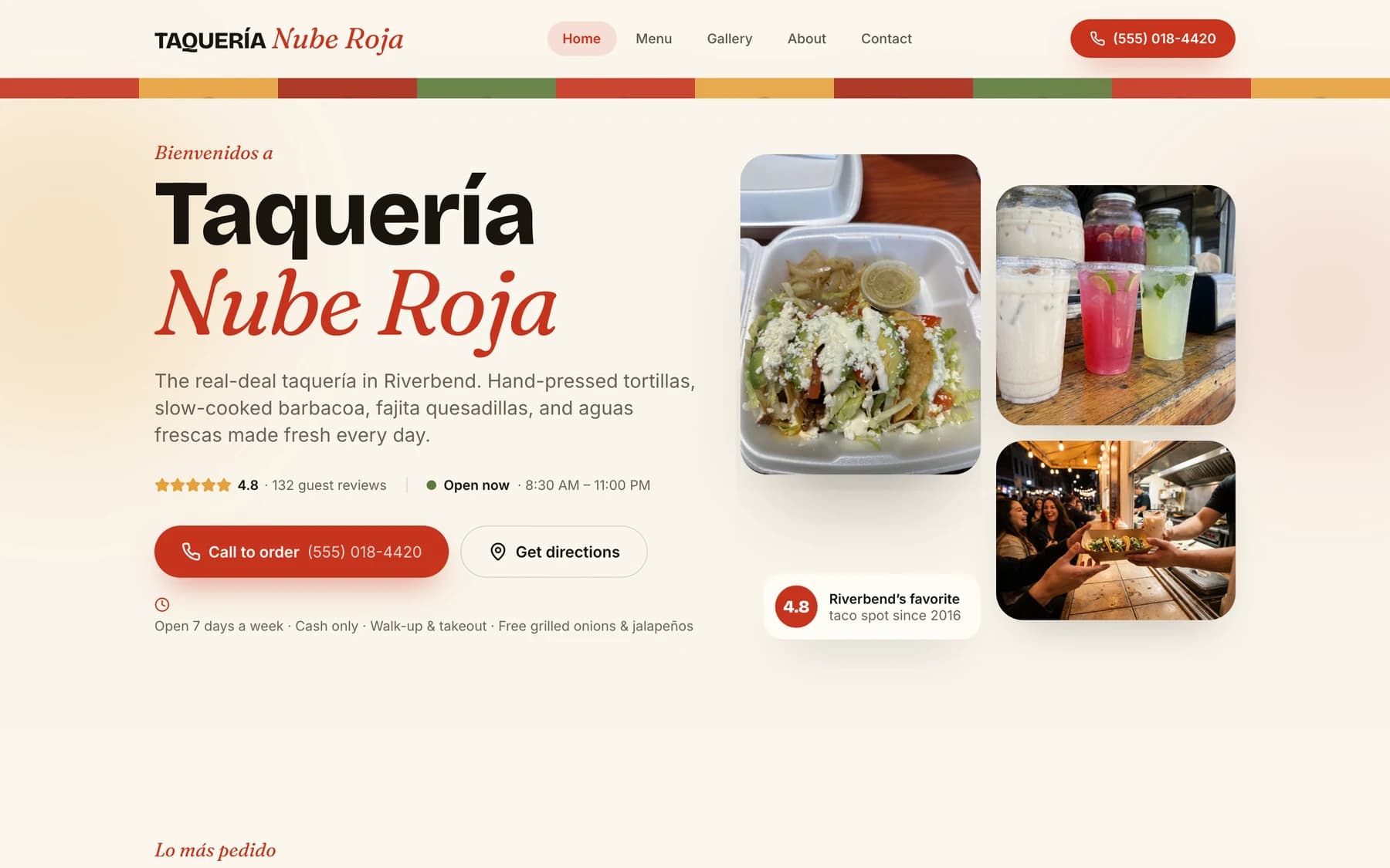 A restaurant marketing site at desktop width, with live open status and call-to-order.