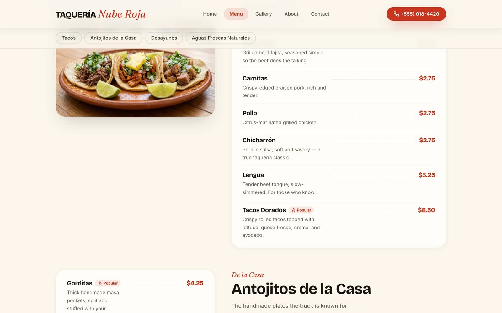 The Taquería Nube Roja menu page: sticky category filters for tacos, antojitos, desayunos and aguas frescas, with leader-dot pricing rows and popular badges.