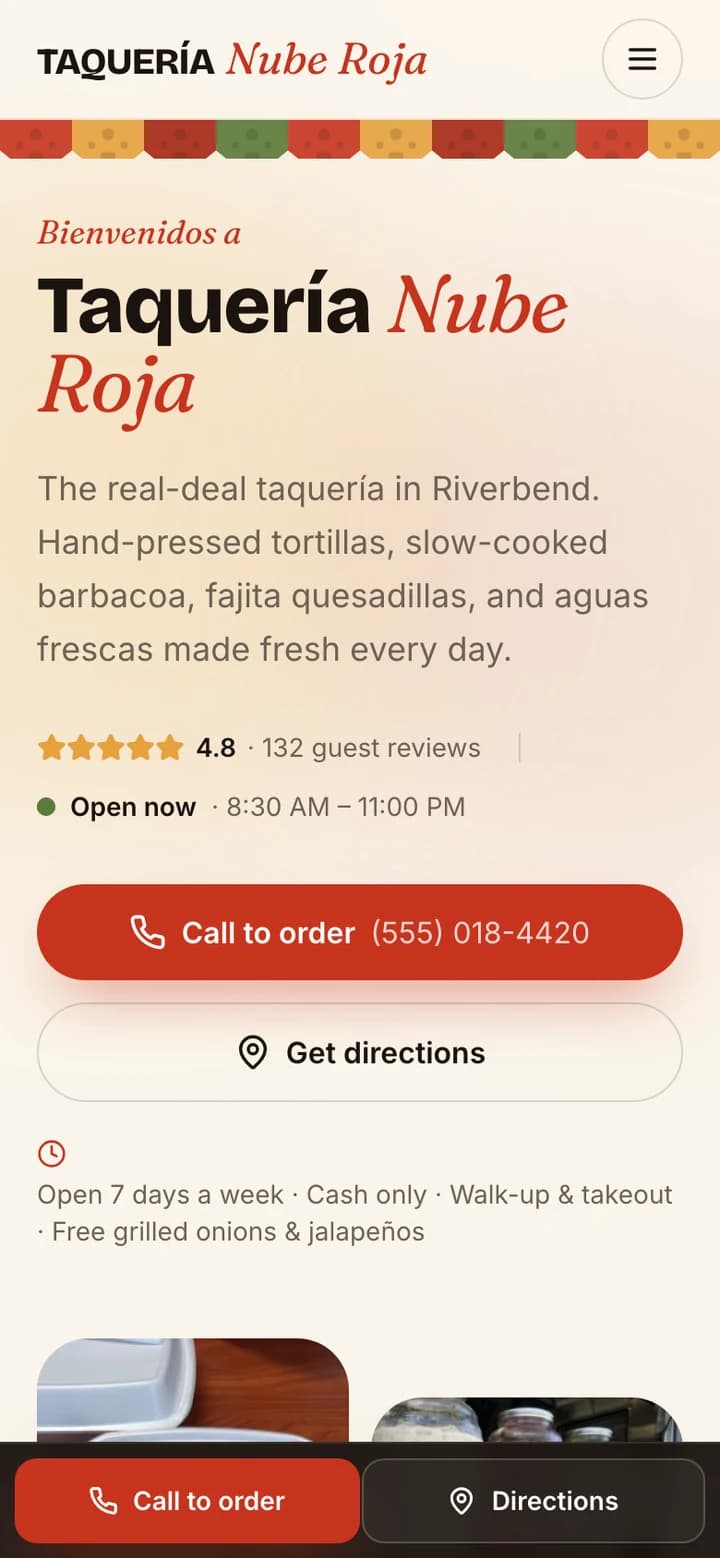 The taquería homepage at phone width, with a papel picado banner, live open-now status, and a call-to-order bar pinned to the bottom.