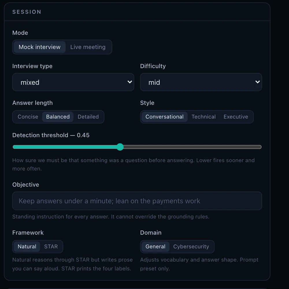 A session control panel: mode toggle between mock interview and live meeting, interview type, difficulty, answer length, style, a detection-threshold slider set to 0.45 with an explanation of how sure the system must be that something was a question, a standing-objective field, and framework and domain toggles.