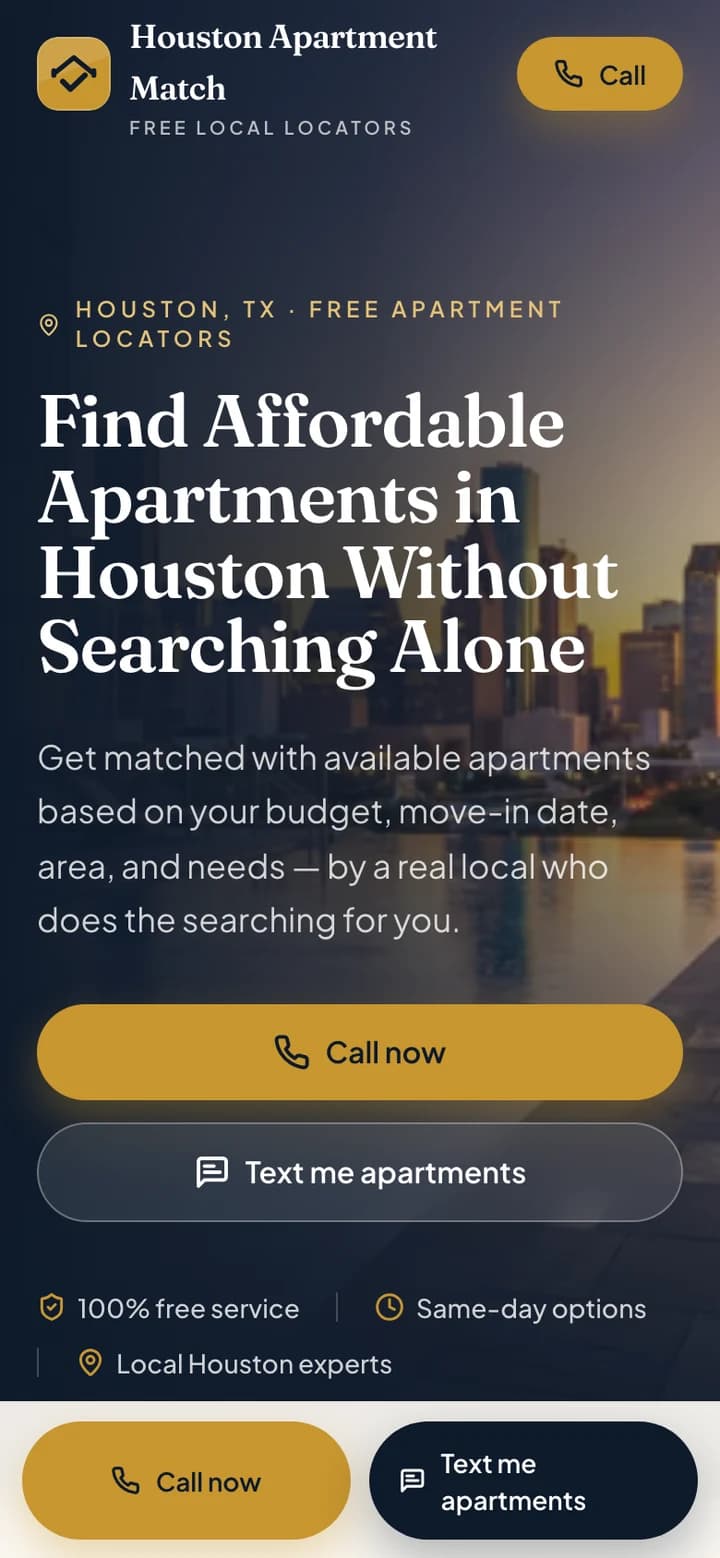 The same site at phone width, with a call-now and text-me-apartments bar pinned to the bottom of the screen.